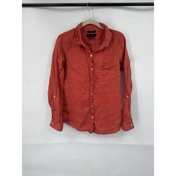 Tahari 100% Linen Button Front Long Sleeve Shirt Women Medium Orange Minimalist - Picture 1 of 9